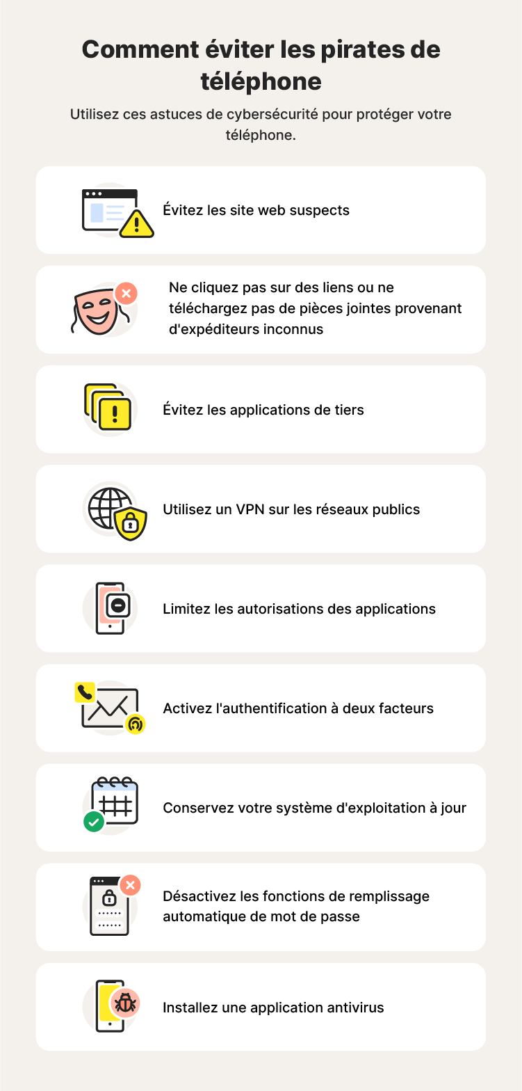 Neuf illustrations accompagnent les conseils de protection contre le piratage téléphonique que vous pouvez apprendre en cherchant « Que faire en cas de piratage de mon téléphone ? ».